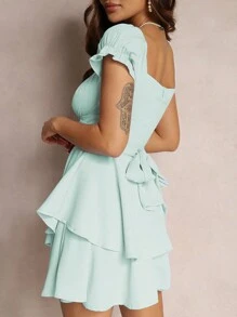 Women's Mini A-Line Dress Solid Color Ruffled Sleeves Square Neck Layered Hem Dress - Màu xanh chanh - Xem 6