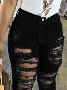 Women's Vintage Torn Sexy Tight Jeans, Slim Fit Elastic Tight Jeans, Women's Denim Clothing - màu đen - Xem 6