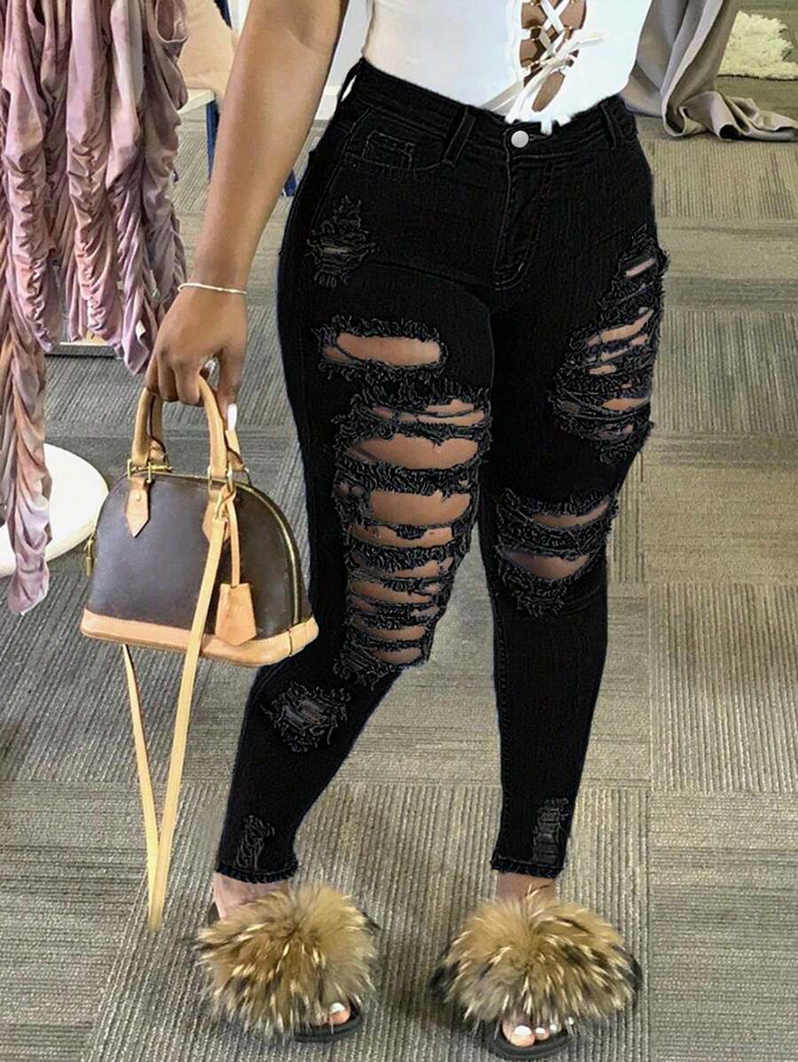 Women's Vintage Torn Sexy Tight Jeans, Slim Fit Elastic Tight Jeans, Women's Denim Clothing - màu đen - Xem 1