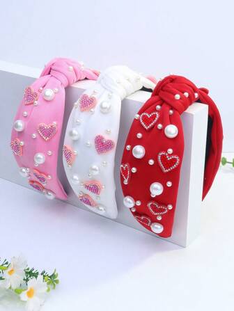 1 pieza Diadema elegante de mujer con corazón de rhinestone y perla anudada de poliéster