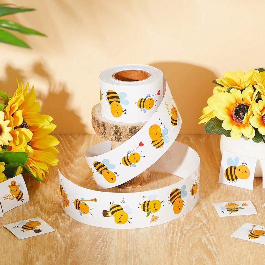 Rollo de 500 pegatinas de abeja de dibujos animados, pegatinas de juguete asimétricas, pegatinas decorativas para cajas de regalo, pegatinas de girasol, suministros escolares, de vuelta a la escuela