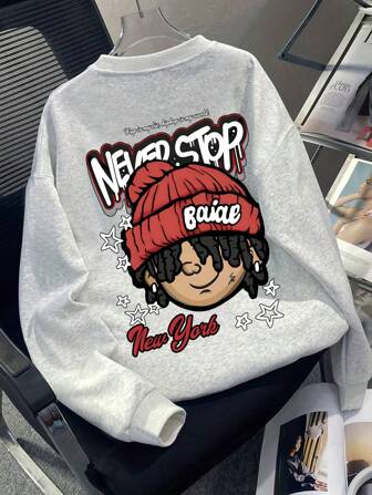 青少年男孩卡通人物印花圆领休闲长袖套头运动衫