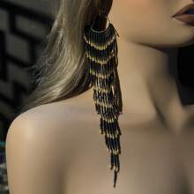 Long Beaded Tassel Earrings, Black Gold Seed Bead String Earrings, Bohemian Style Handmade Glass Bead Woven Women Jewelry Pendant, Suitable For Daily Wear And Holiday Gifts