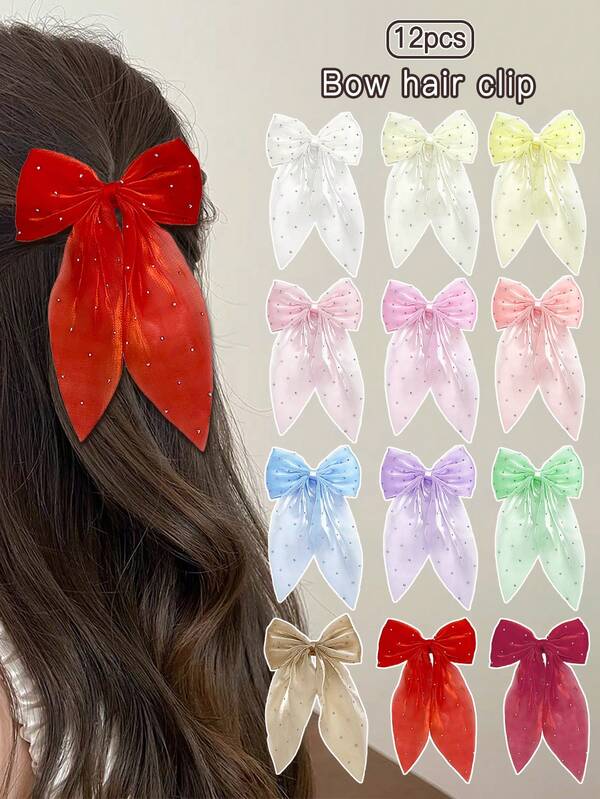Set de 12 piezas de pasadores para el cabello de mujer con lazo de diamante de imitación, en una variedad de colores. Elegante y temperamento, dulce y encantador, cómodo de usar. Adecuado para el ocio diario.