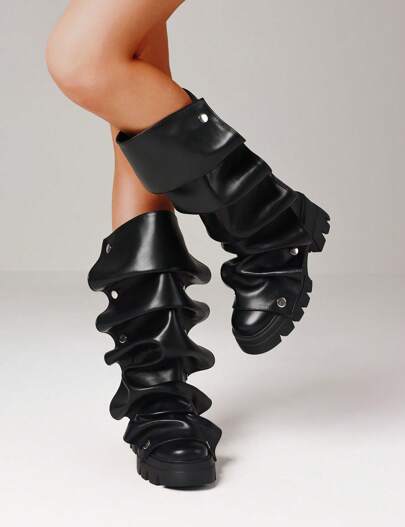 Women Mid Calf Black Boots Platform Heels Ruch Boots Knee High Fold Over Chunky Heel Short Booties Round Toe Wide Calf Pull-On Shark Boots Daily Party Y2K Dress Boots For Woman