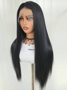 女士优雅直发合成假发，13x4 蕾丝前部带玫瑰网眼，无胶耐热纤维，透明蕾丝，高温纤维，150% 密度，多种直发造型 - 黑色 - 查看 7