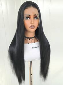 女士优雅直发合成假发，13x4 蕾丝前部带玫瑰网眼，无胶耐热纤维，透明蕾丝，高温纤维，150% 密度，多种直发造型 - 黑色 - 查看 6