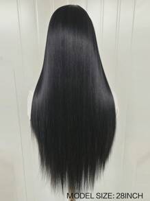 女士优雅直发合成假发，13x4 蕾丝前部带玫瑰网眼，无胶耐热纤维，透明蕾丝，高温纤维，150% 密度，多种直发造型 - 黑色 - 查看 9