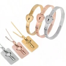 rongji jewelry 1 Set Pulsera y Collar de Pareja con Corazón y Candado de Acero de Titanio, Resistente al Desgaste, Regalo del Día de San Valentín, Mamá, Madre, Día de la Madre