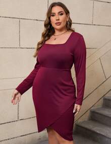 GoyRrbay Women's Plus Size Cocktail Dress Comfortable Long Sleeve Wedding Guest Square Neck Semi Formal Dress - Màu Đỏ Sâu - Xem 3