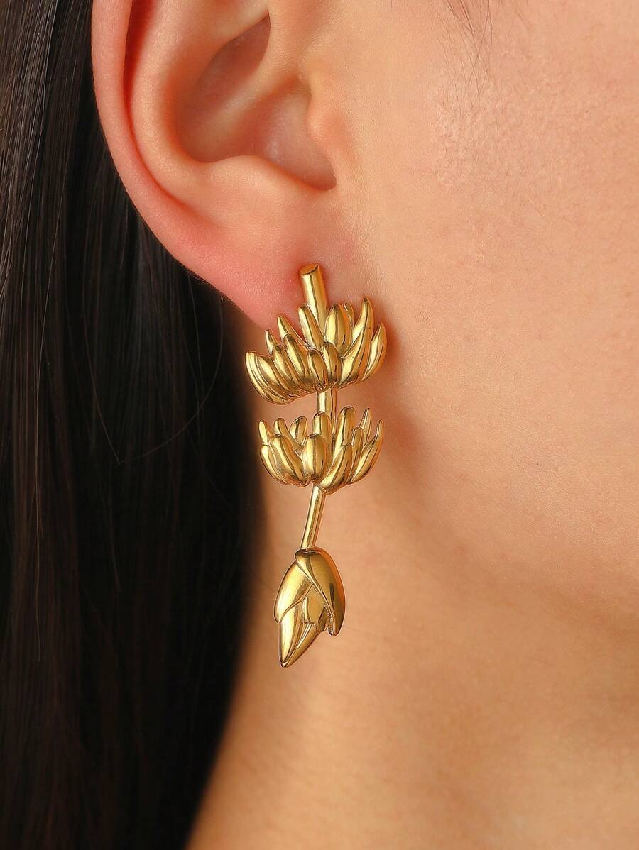 1 对时尚欧式新款莲花装饰耳环，适合女性日常、派对、宴会佩戴 - 金黃色 - 查看 1