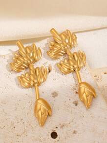 1 对时尚欧式新款莲花装饰耳环，适合女性日常、派对、宴会佩戴 - 金黃色 - 查看 6