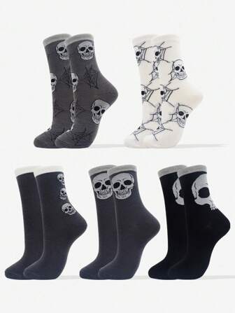 5/7 Pairs Women Mid-Calf Socks, Dark Gothic Cartoon Skull Pattern Happy Socks, Soft Breathable Daily Casual Street Fashion Hip Hop Outdoor Sports Basketball Yoga Tube Socks, Halloween Socks, Vintage Fruit 3D Print Mid-Calf Socks, Fall