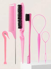 Set de 6 piezas: Cepillo para peinar el cabello hacia atrás, herramienta para trenzas francesas, cortador con funda de piel, cepillo de cerdas para el control del cabello, peine para esponjar el cabello; para peinados de mujer con efecto slick back, trenzas y control de bordes - Set de peine de 5 piezas con gancho + revelador - Ver 1