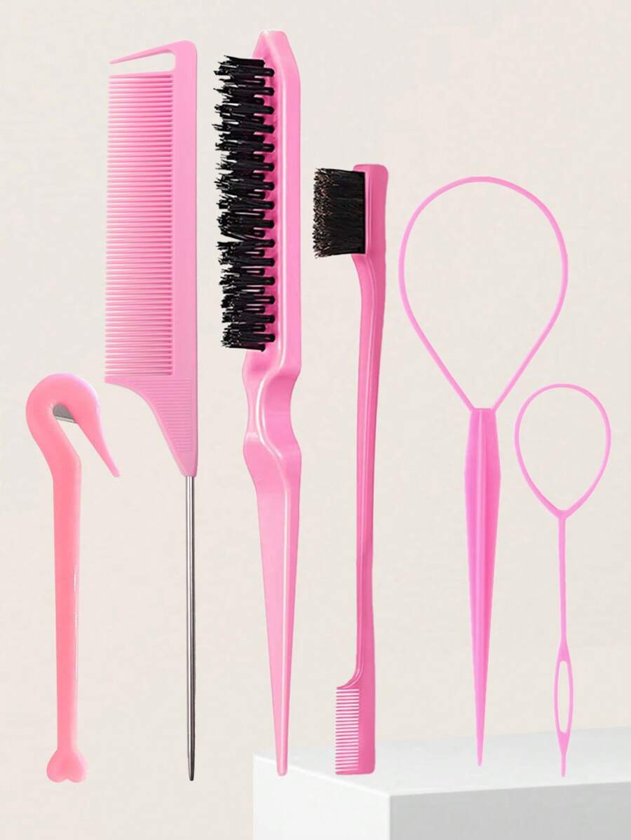 Set de 6 piezas: Cepillo para peinar el cabello hacia atrás, herramienta para trenzas francesas, cortador con funda de piel, cepillo de cerdas para el control del cabello, peine para esponjar el cabello; para peinados de mujer con efecto slick back, trenzas y control de bordes - Set de peine de 5 piezas con gancho + revelador - Ver 1