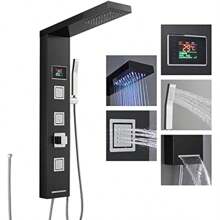 Shower Panel Tower System Without Tap And Battery 5-Function Shower Column With LED Temperature Display Rainfall Shower Body Jets Hand Shower Bathtub Spout Stainless Steel 304 Black - WithoutTap-Black-LEDtempdisplay - View 1