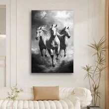 1 Pc Black And White Horse Wooden Framed  Canvas Painting Thickness 2.25cm/0.9inch High Quality Wall Art Prints Poster Direct Hanging Wall Picture Decor For Home Gifts, Christmas Gift,Living Room, Bathroom, Bedroom, Kitchen