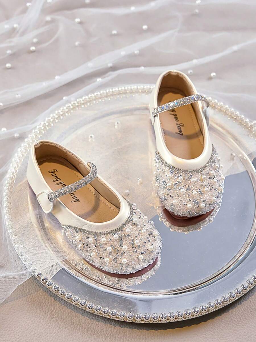 1 Pair Girls' Pearl & Rhinestone Shiny Princess Shoes, Hook & Loop Soft ...