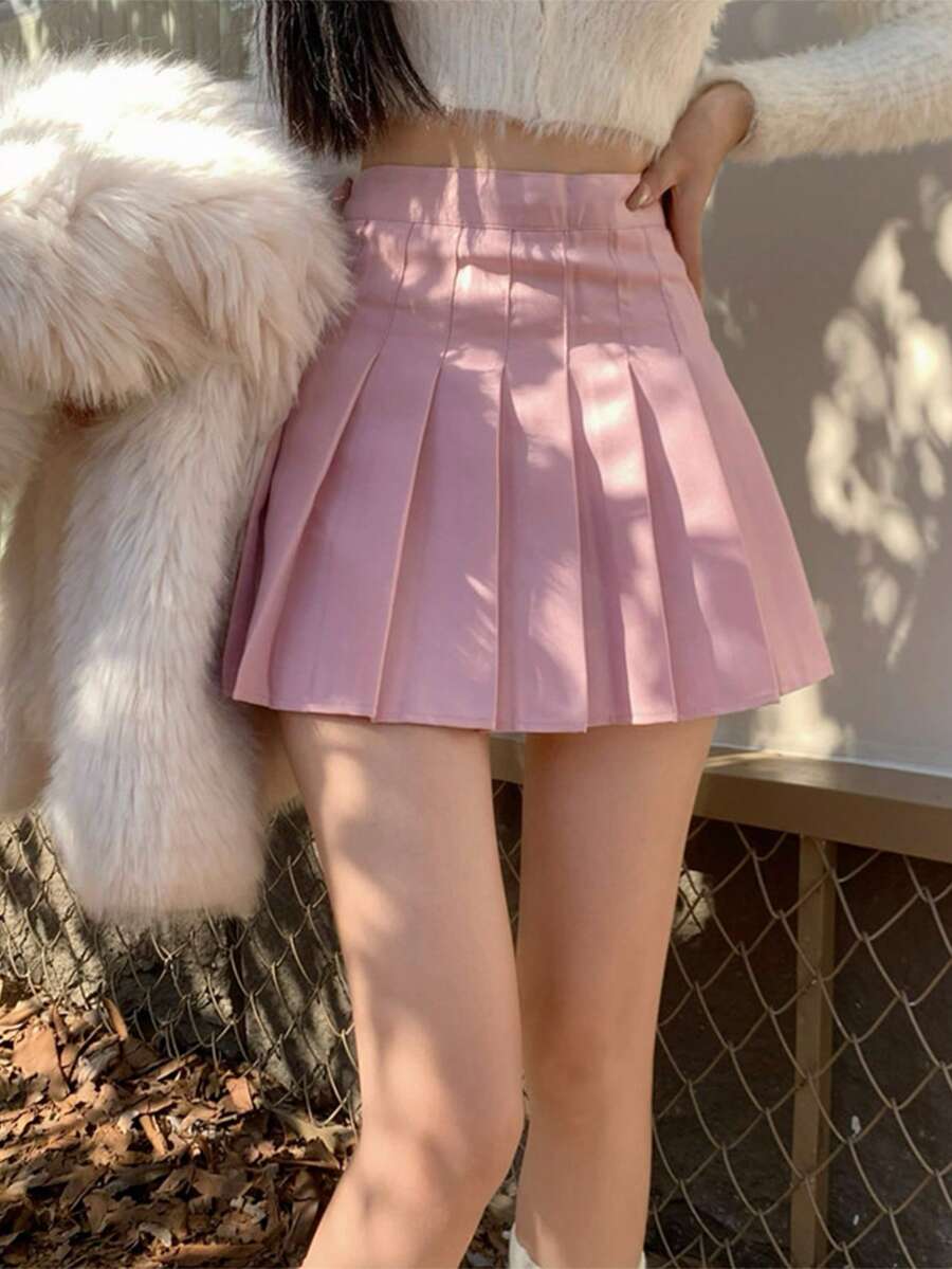 Casual Versatile Simple Solid Color Pleated Skirt - Pink - View 1