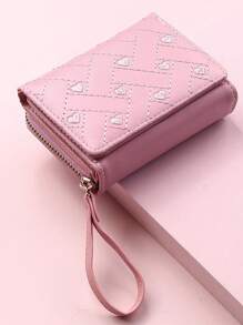 Women's Short Wallet Korean Style Fashion Embroidery Heart Design Coin PU Leather Multi-Card Holder Trifold Cardholder For Women Wallet Purse Wallet Small Wallet - Pink - View 3
