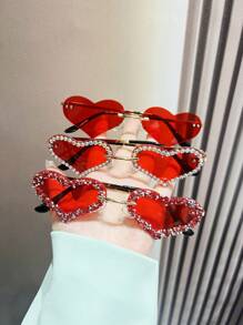 1副精美心形金属框镶钻时尚眼镜，情侣眼镜，适合约会、订婚、婚礼、情人节、夏季海滩度假、户外活动和旅行。 - 紅色 - 查看 2