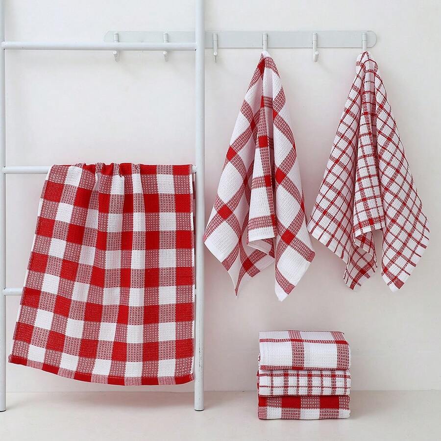 1/2 Ultra Soft Red And White Waffle Pattern Kitchen Towels, Modern Polyester Dish Cloths, Lightweight And Easy To Wash, Suitable For Home And Vacation Decor