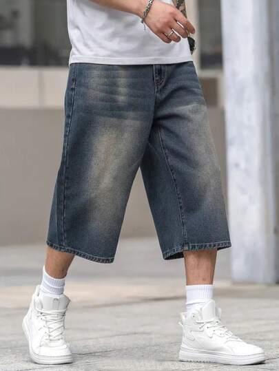 Bermuda jeans casual masculina de perna larga e solta