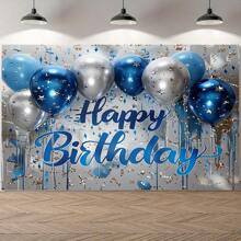 Sparkling Blue And Silver Background Cloth For Happy Birthday Multifunctional Party Decoration, Mainly Used For Room Decoration, Party Decoration, Birthday-Oriented Banner Background Cloth, Garden Decoration, Available For Ladies And Men's Birthdays, Made Of Polyester Material, With Multiple Sizes To Choose From. - Multicolor - View 4