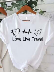 Casual White Round Neck Short Sleeve T-Shirt With Love Live Travel Graphic Print For Women - 白色 - 查看 1