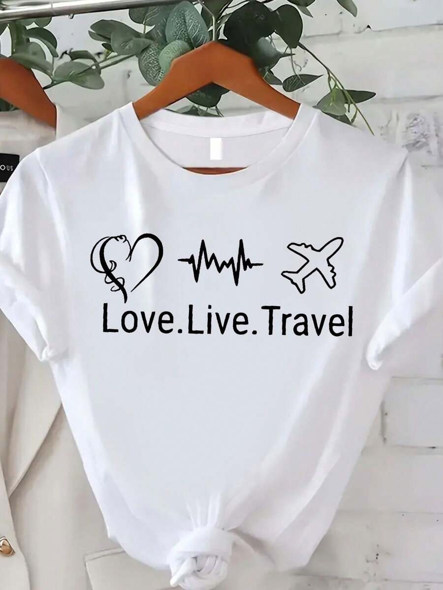 Casual White Round Neck Short Sleeve T-Shirt With Love Live Travel Graphic Print For Women - 白色 - 查看 1