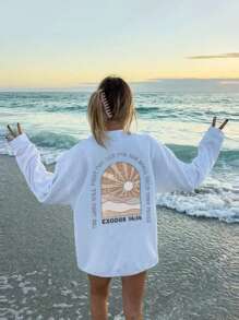 女士休闲宽松口号印花圆领长袖 T 恤，春夏 - 白色 - 查看 5