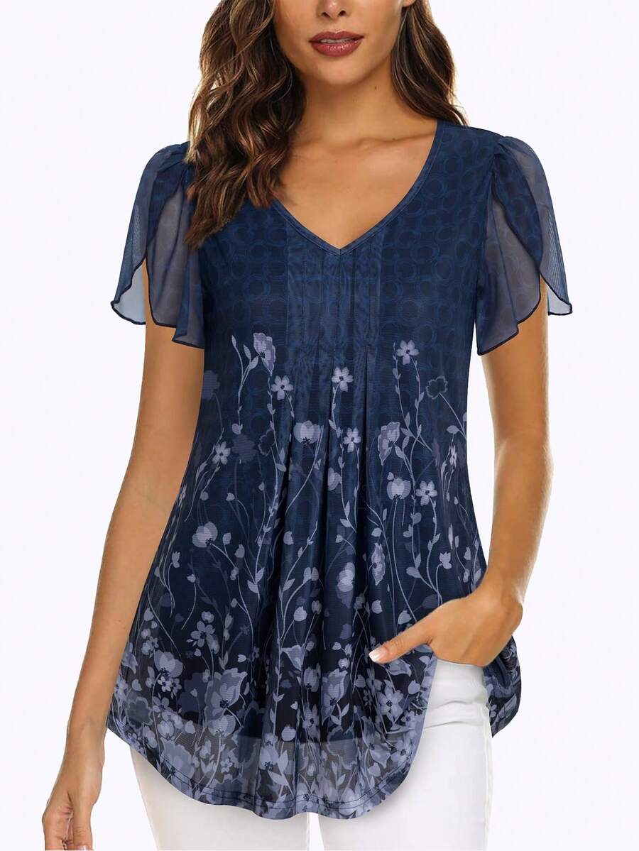 CheersLife 女士V领短袖休闲上衣，双层网纱