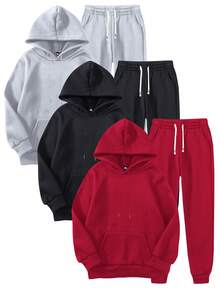 3 Stücke/Set Herren leichter Hoodie und Jogginghose Set, einfarbiger Grundstil, modisches lässiges Outfit mit Taschen und Tunnelzug Taille, geeignet als Geschenk für Ehemann/Freund, Frühling/Herbst Tragen, Straße, Pendeln, Outdoor-Aktivitäten, Urlaub - Verschiedenfarbig - Übersicht 1