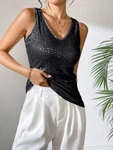亮片 V 领背心，优雅无袖背心，适合春夏季 - 黑色 - 查看 7