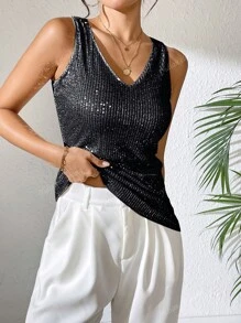 Camiseta de tirantes con escote en V de lentejuelas, top de tirantes elegante para primavera y verano
