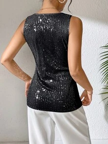 亮片 V 领背心，优雅无袖背心，适合春夏季 - 黑色 - 查看 2