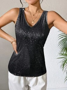 亮片 V 领背心，优雅无袖背心，适合春夏季 - 黑色 - 查看 3