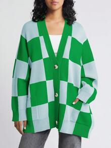 Womens Checkered Sweater Color Block Plaid Oversized Cardigan Long Sleeve V Neck Button Down Knit Coats - Green - View 1