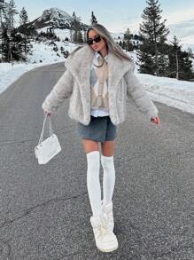 HH Faux Fur Jacket For Women Elegant Solid Lapel Long Sleeve Coat Casual Loose Female Winter Oversize Lady Chic Streetwear Jakcets