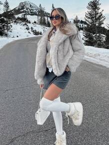 HH Faux Fur Jacket For Women Elegant Solid Lapel Long Sleeve Coat Casual Loose Female Winter Oversize Lady Chic Streetwear Jakcets