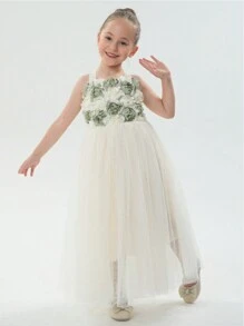 Young Girl 3D Flower Bow Knot Tiered Tulle Maxi Flower Girl Dress
