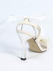 女士时尚系带露趾凉鞋，性感，优雅的面料材质，适合夏夜、派对、户外活动，独特的高跟圆头设计 - 杏色 - 查看 7