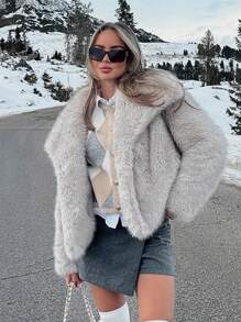 HH Faux Fur Jacket For Women Elegant Solid Lapel Long Sleeve Coat Casual Loose Female Winter Oversize Lady Chic Streetwear Jakcets