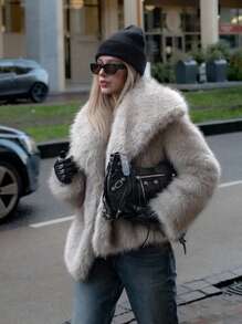 HH Faux Fur Jacket For Women Elegant Solid Lapel Long Sleeve Coat Casual Loose Female Winter Oversize Lady Chic Streetwear Jakcets