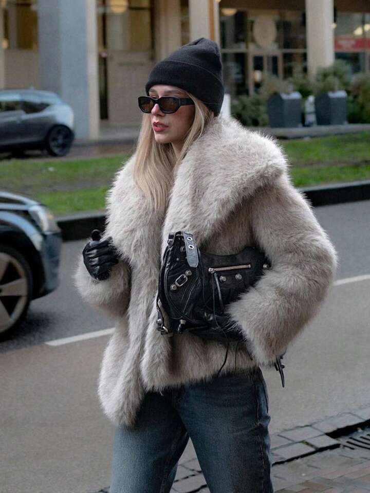 【激安アウトレット!】 HH Faux Fur Jacket For Women Elegant Solid Lapel Long Sleeve ジャケット・アウター