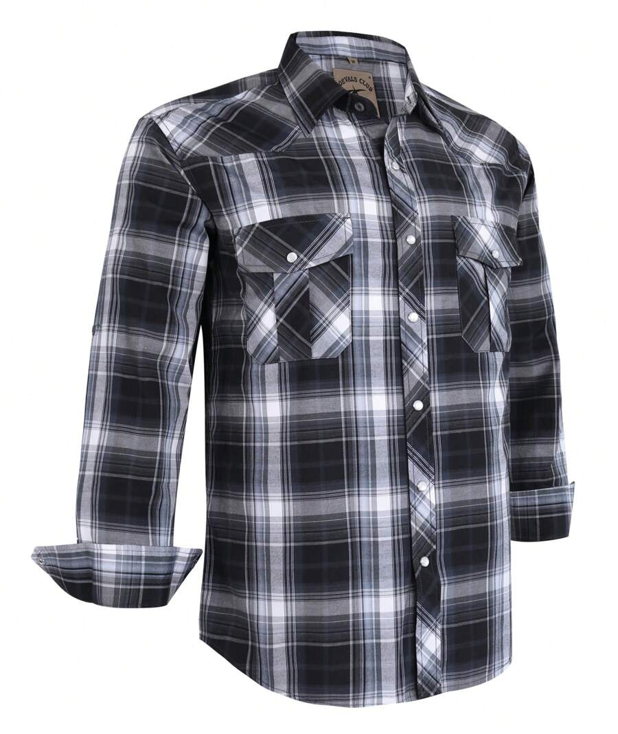 Men's Western Cowboy Pearl Snap Plaid Button Up Casual Long Sleeve Two Pockets Work Shirts - 9 Gray Black - View 1