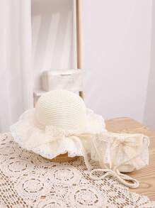 2pcs/Set Girl Hat And Bag, Summer New Cute Princess Pearl Mesh Bowknot Princess Sun Hat Bag Set, Suitable For Outings, Beach, Daily Wear