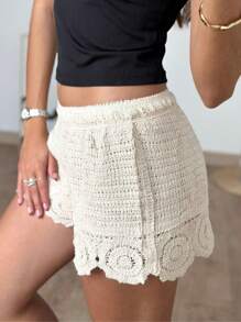 Shorts de Crochê Feminino - Bege - Visão 7