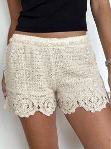 Shorts de Crochê Feminino - Bege - Visão 5