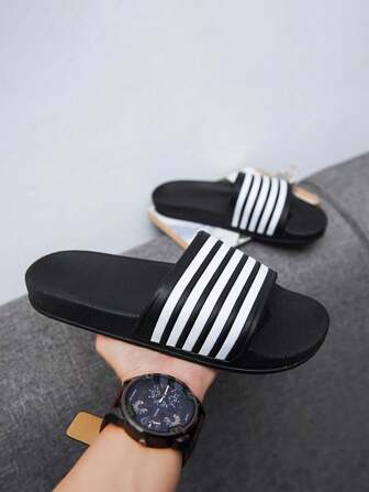 经典 5 条纹男女夏季拖鞋，男女通用防滑耐用条纹沙滩/水上滑梯凉鞋